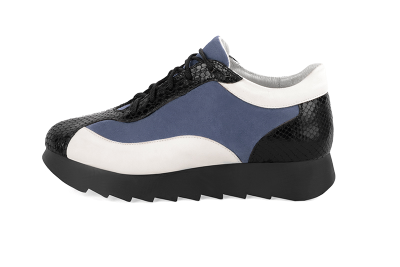 Satin black, denim blue and off white women's elegant sneakers. Round toe. Low rubber soles. Profile view - Florence KOOIJMAN